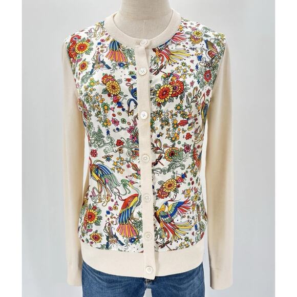 Tory Burch Tops - Tory Burch Silk Front Wool Cardigan Sweater Floral Peacock Cream Button-up READ